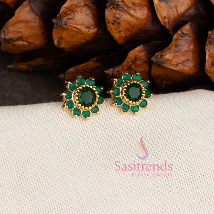 Elegant floral one gram micro gold plated look American diamond stone stud earrings in Green for women -Sasitrends
