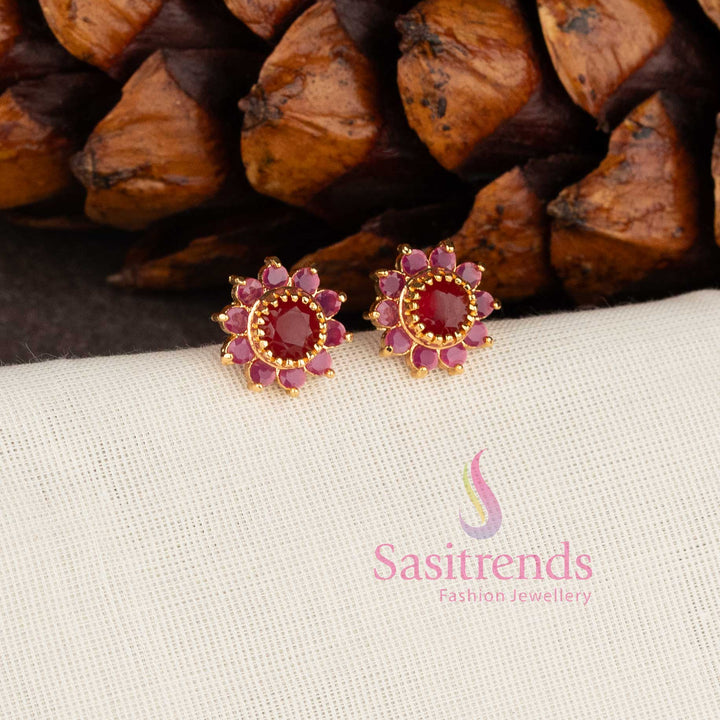 Royal Floral One Gram Micro Gold Plated Look American Diamond Stone Earrings Studs - Sasitrends