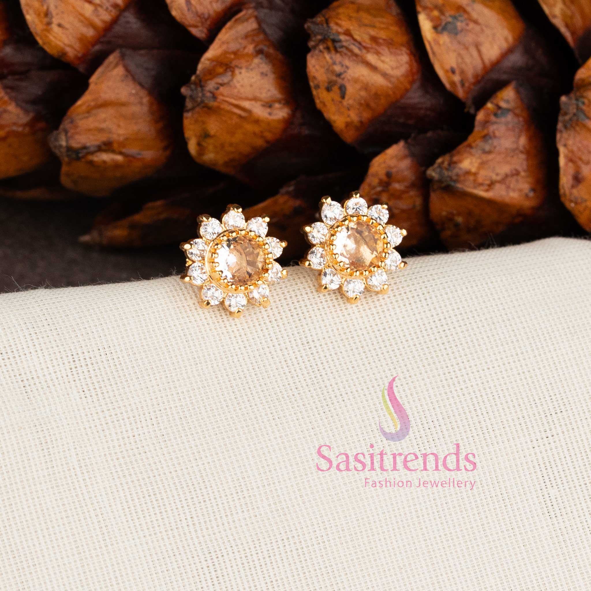 Royal floral one gram micro gold plated look American diamond stone stud earrings in white for women by Sasitrends