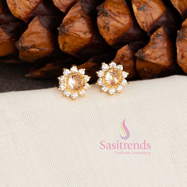 Royal floral one gram micro gold plated look American diamond stone stud earrings in white for women by Sasitrends