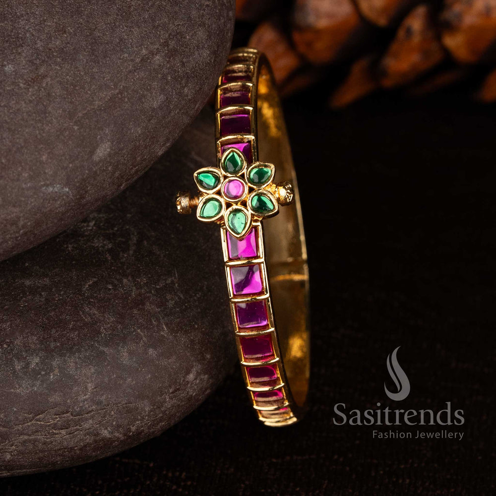 Bridal style floral square pattern American Diamond bangle with micro gold finish