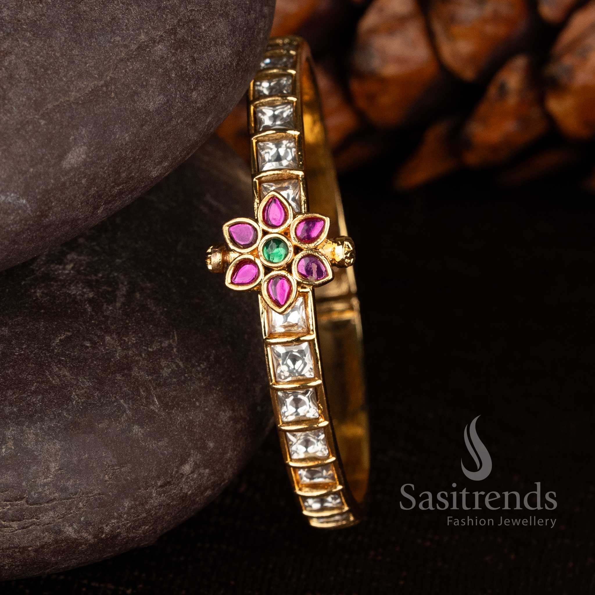 Bridal style floral square pattern American Diamond bangle with micro gold finish