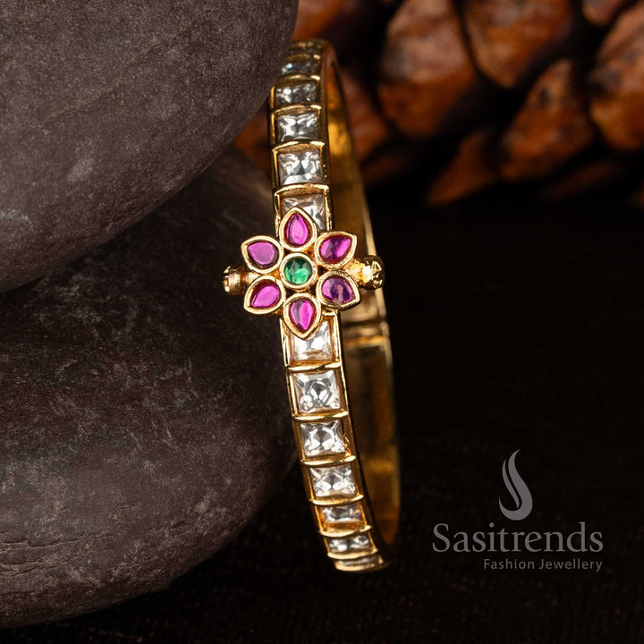 Bridal style floral square pattern American Diamond bangle with micro gold finish