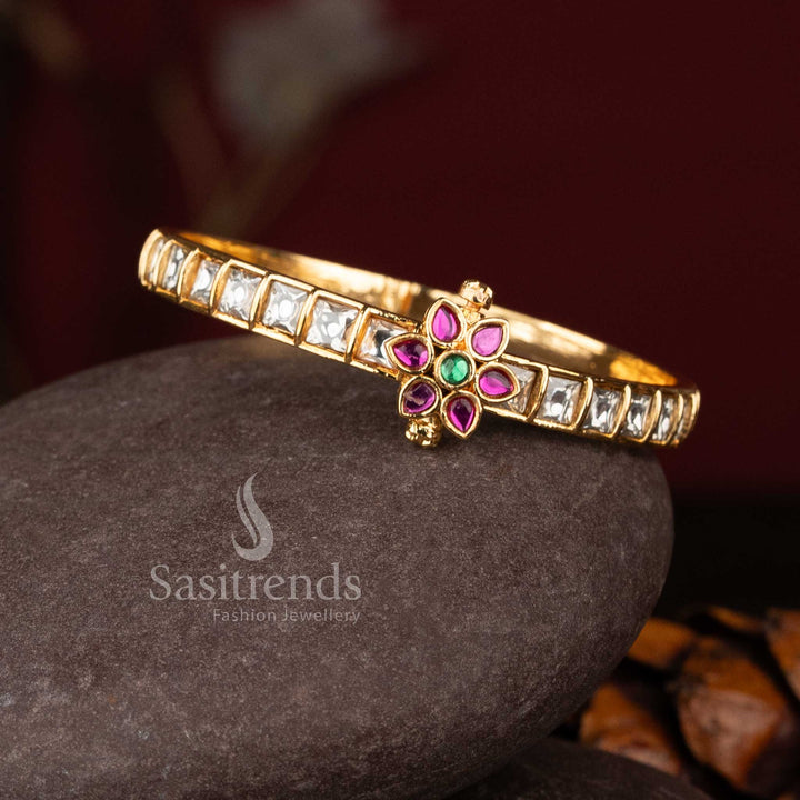 Elegant micro gold plated kundan and AD stone openable bangle for women.