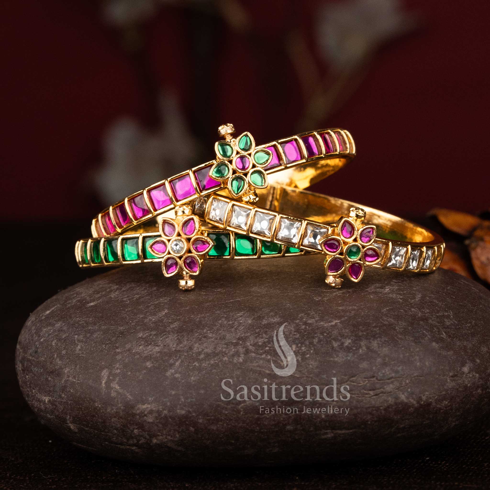Elegant micro gold plated kundan and AD stone openable bangle for women.