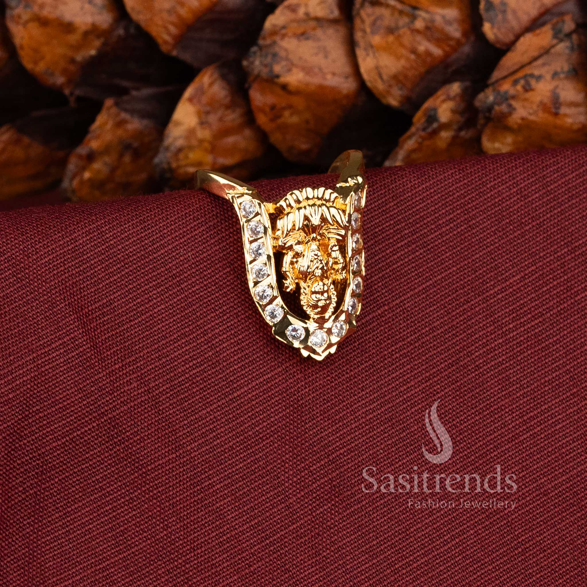 Royal Lakshmi motif Impon ring with sparkling American Diamond accents.