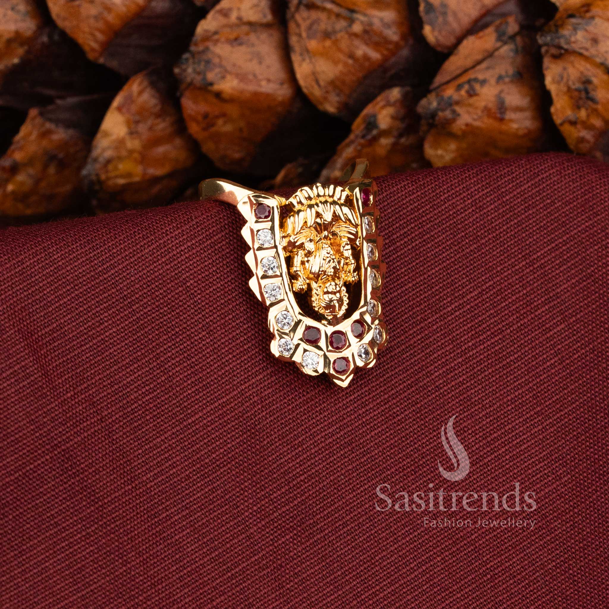 Royal Lakshmi motif Impon ring with sparkling American Diamond accents - Sasitrends