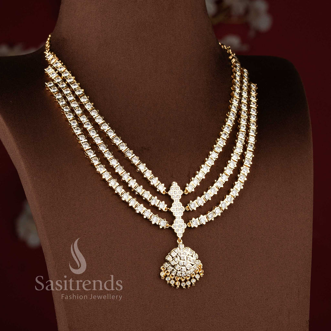 Sparkling white AD stone layered necklace for women with traditional gold finish
