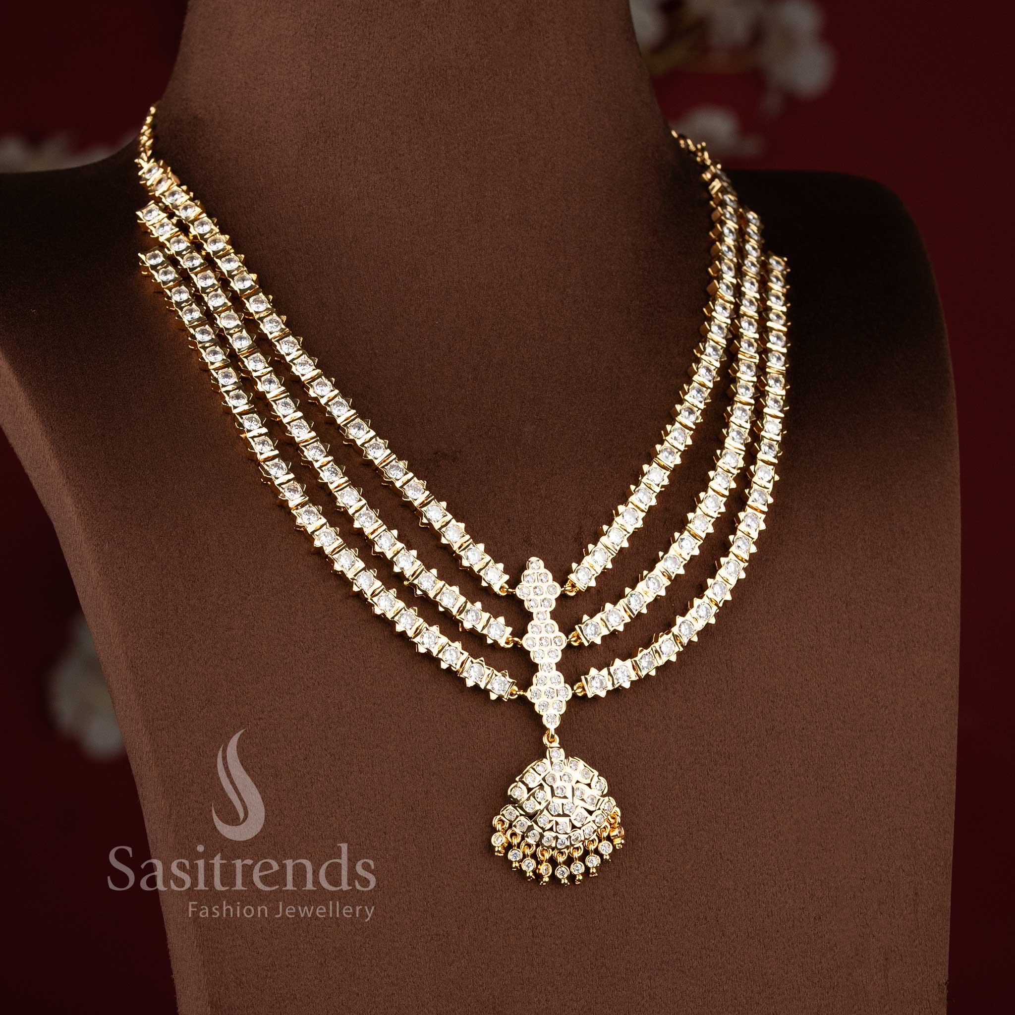Sparkling white AD stone layered necklace for women with traditional gold finish