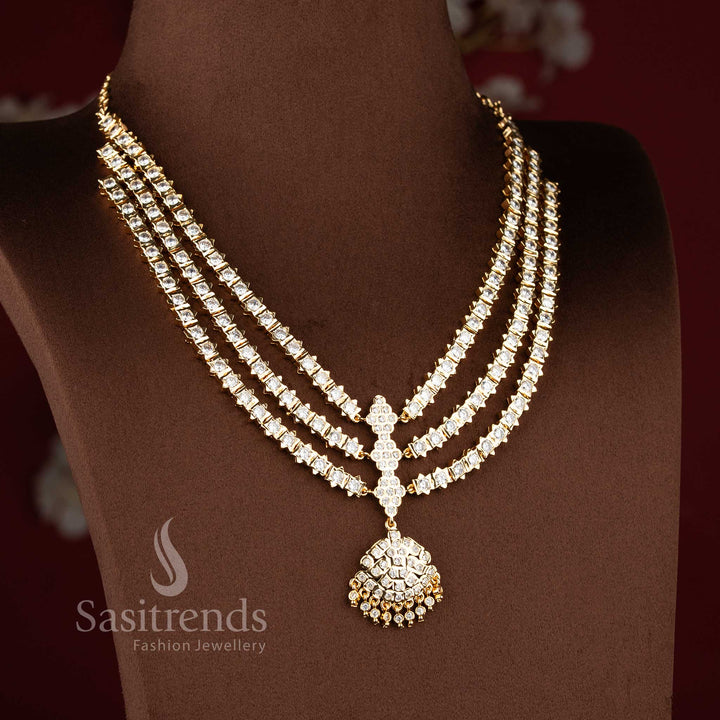 Sparkling white AD stone layered necklace for women with traditional gold finish