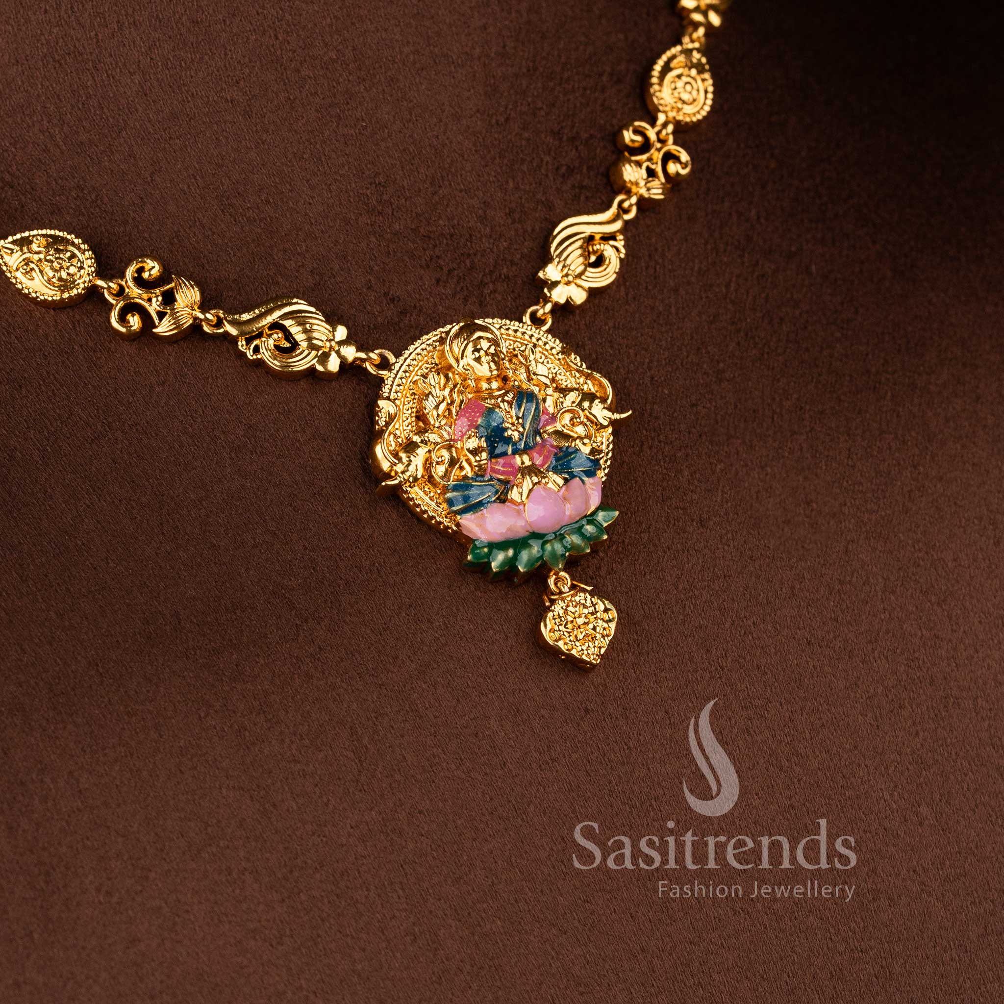 Traditional South Indian style Lakshmi peacock necklace set for festive and wedding wear.