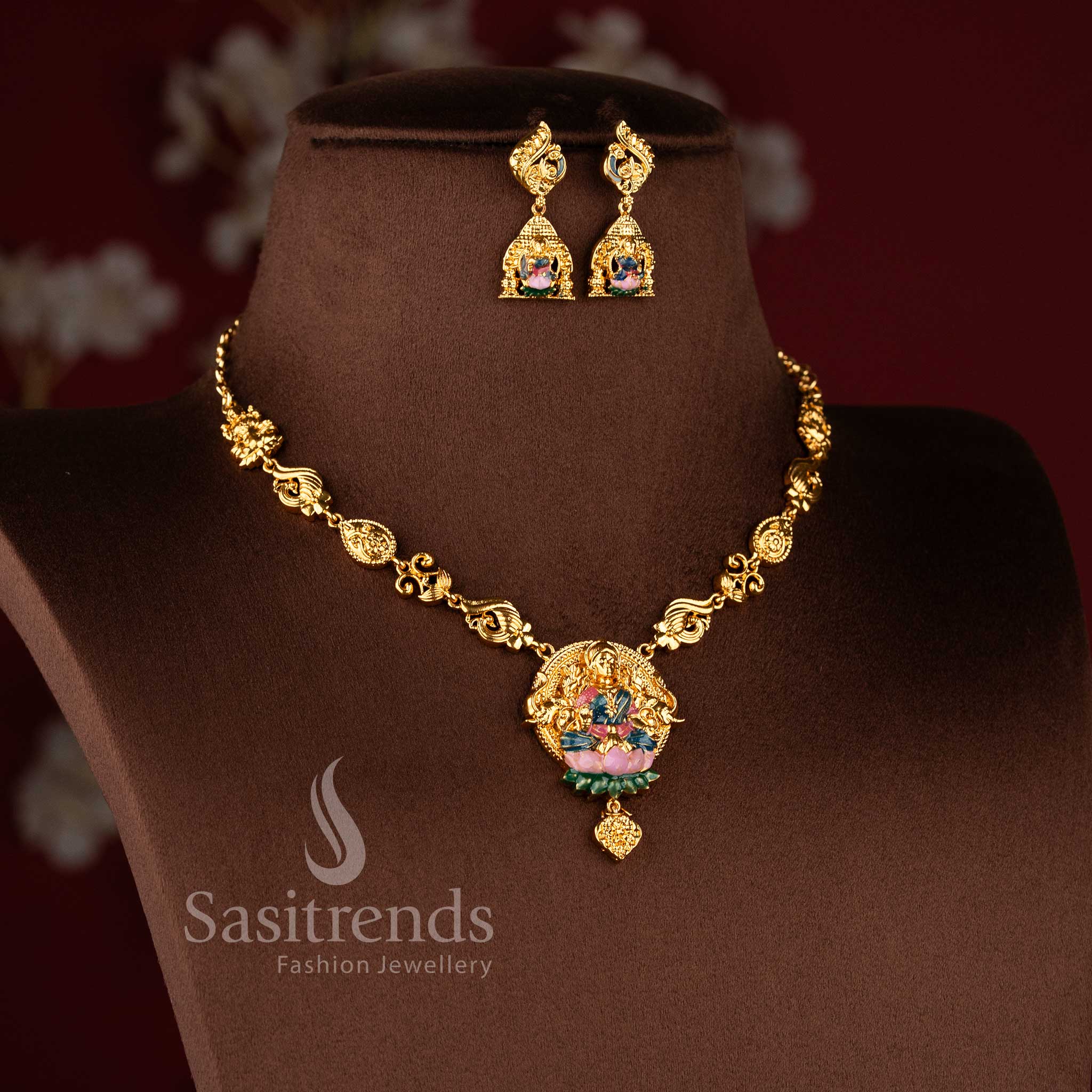 Traditional temple matte gold plated Meenakari Lakshmi peacock necklace set with earrings by Sasitrends.