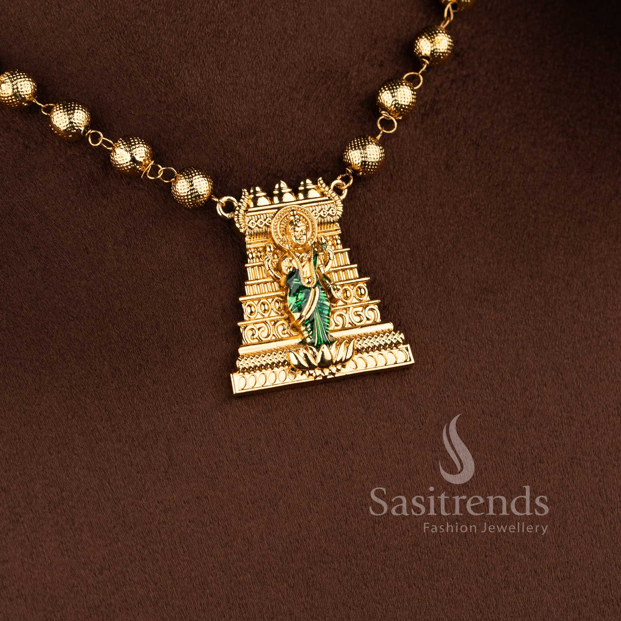 Elegant South Indian temple jewellery set featuring textured ball chain and artistic Lakshmi motif pendant - Sasitrends.