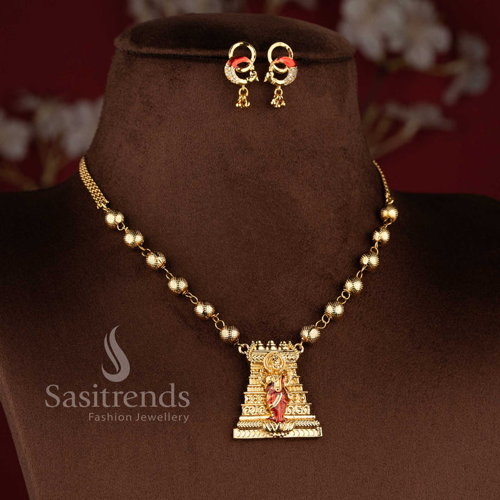 Traditional Premium Temple Matte Gold Plated Enamel Work Ball Necklace Jewellery Sets with Temple Lakshmi Pendant - Sasitrends