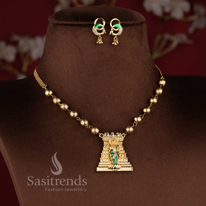 Designer temple necklace set with traditional Lakshmi pendant and matching ethnic earrings - Sasitrends.