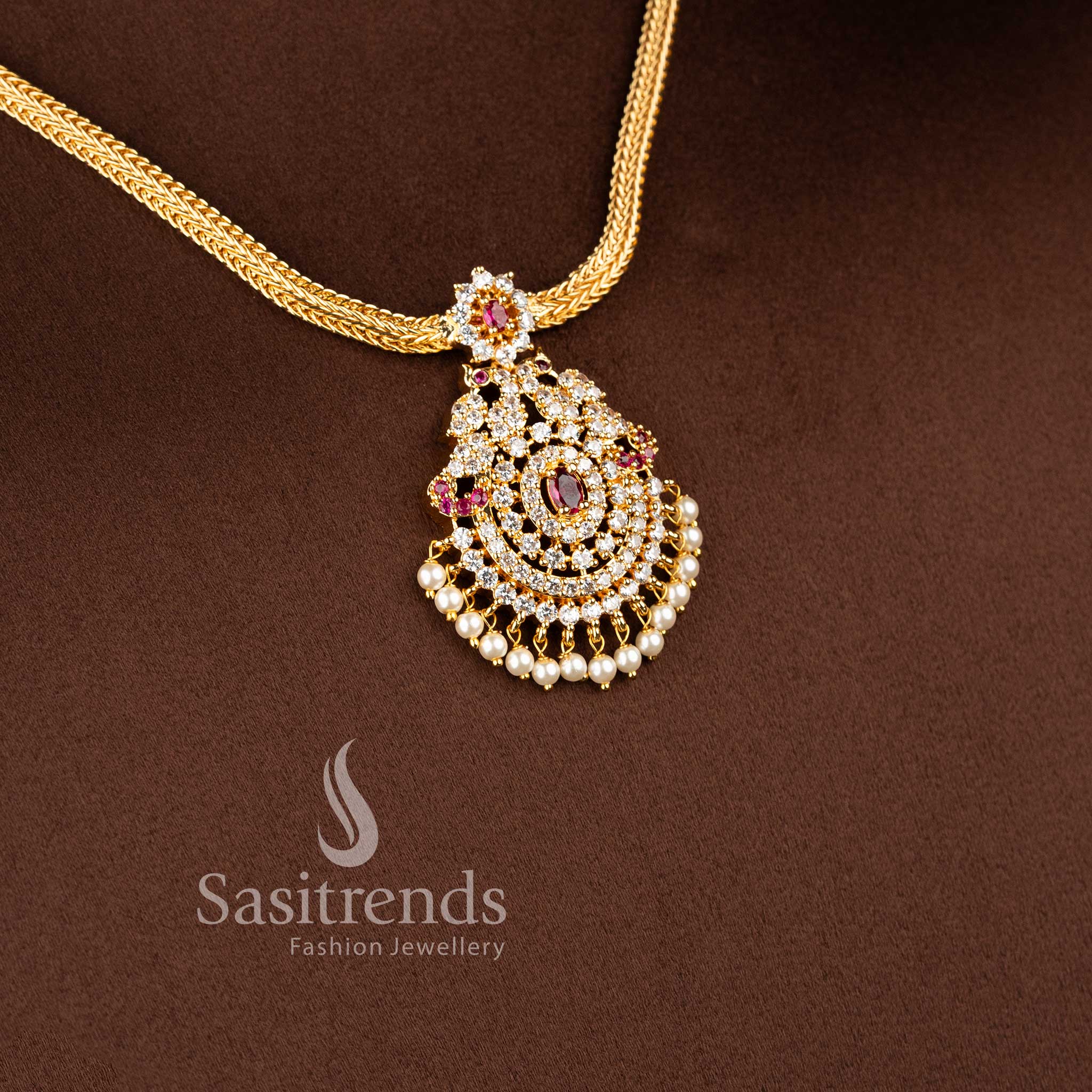 Elegant micro gold plated American Diamond pendant chain necklace by Sasitrends.