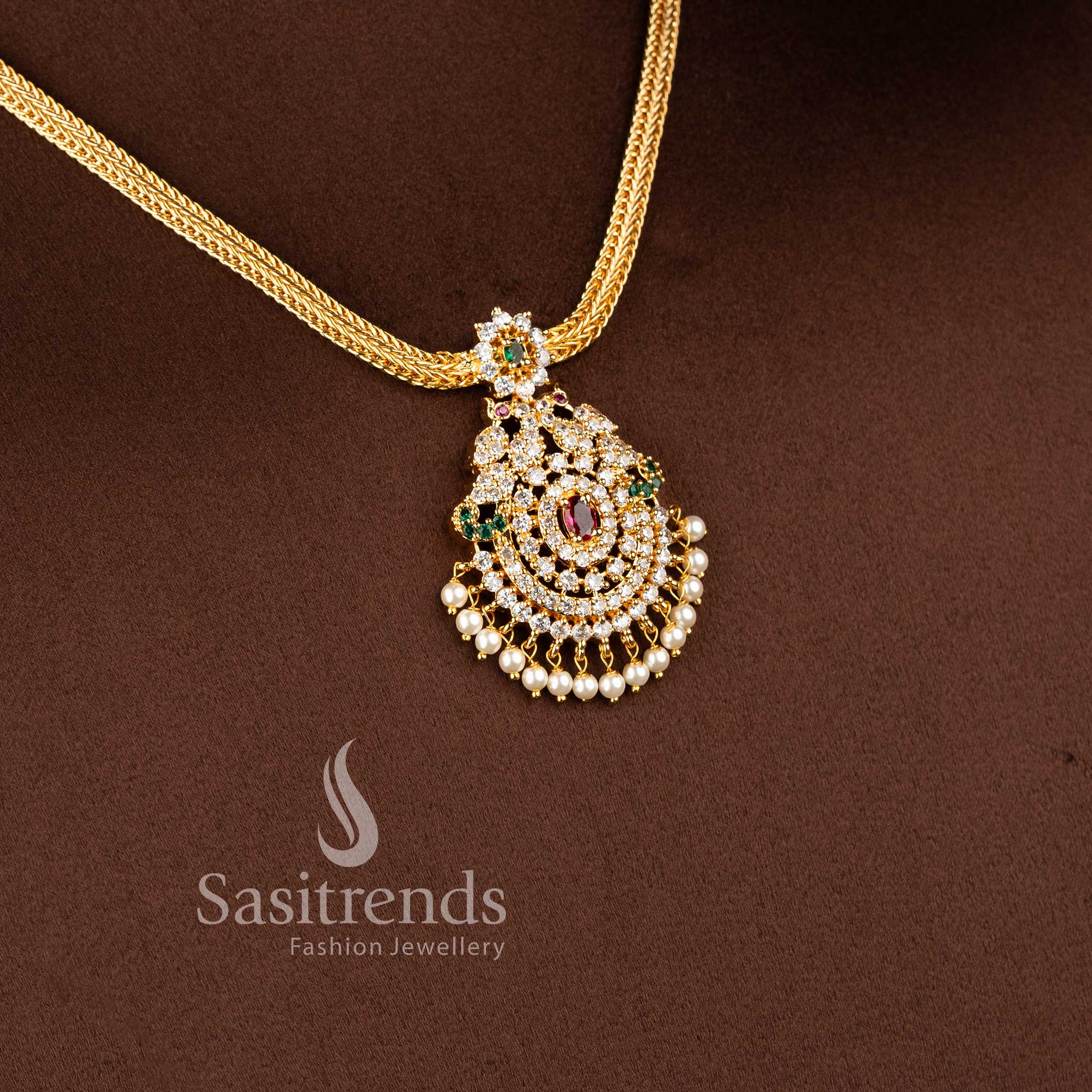 Elegant micro gold plated American Diamond pendant chain necklace by Sasitrends.