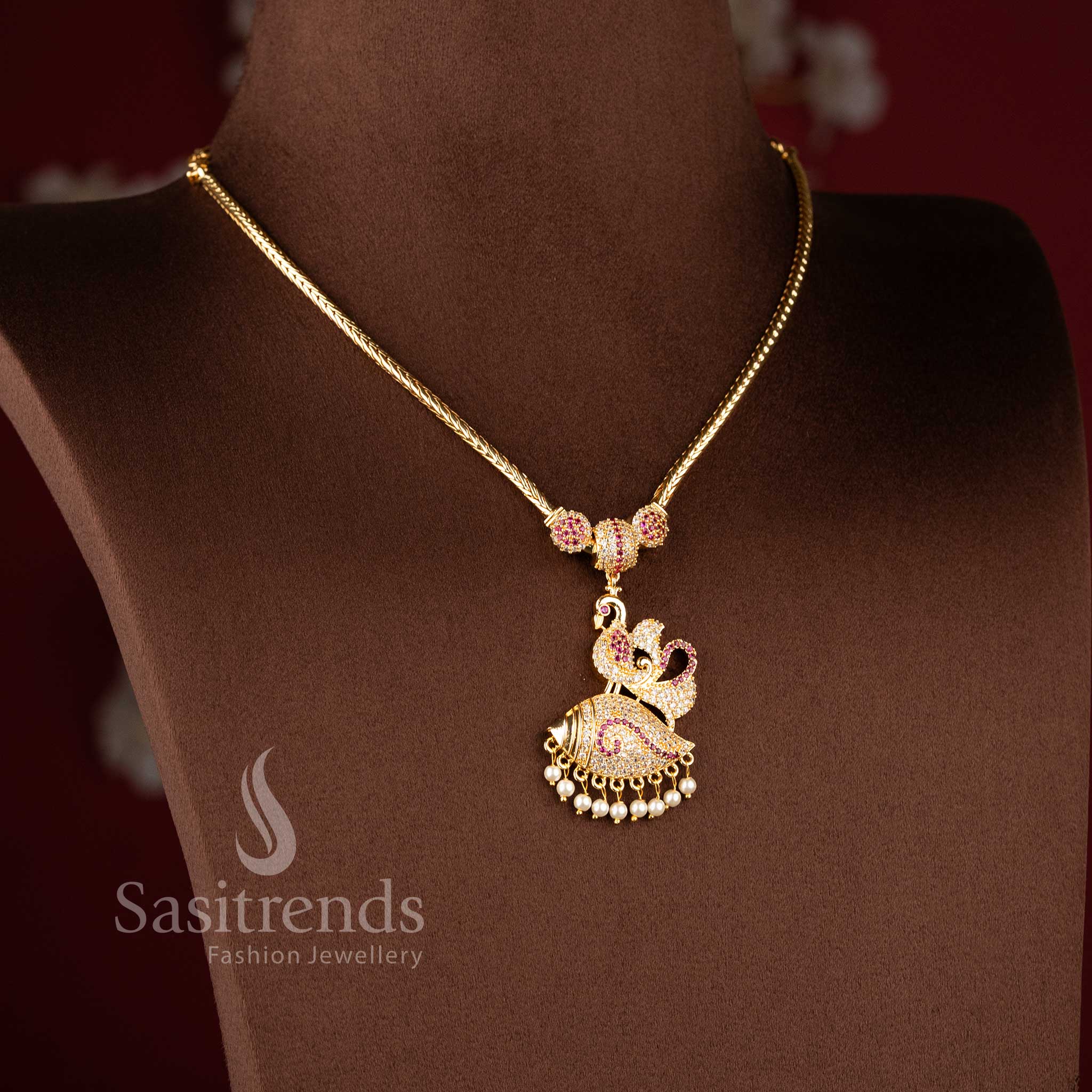 Sasitrends designer micro gold plated necklace showcasing peacock motif with layered dome design and pearl drops