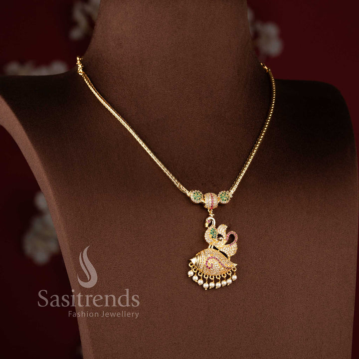 Sasitrends festive wear necklace crafted with elegant peacock structure and pearl hanging pendant design
