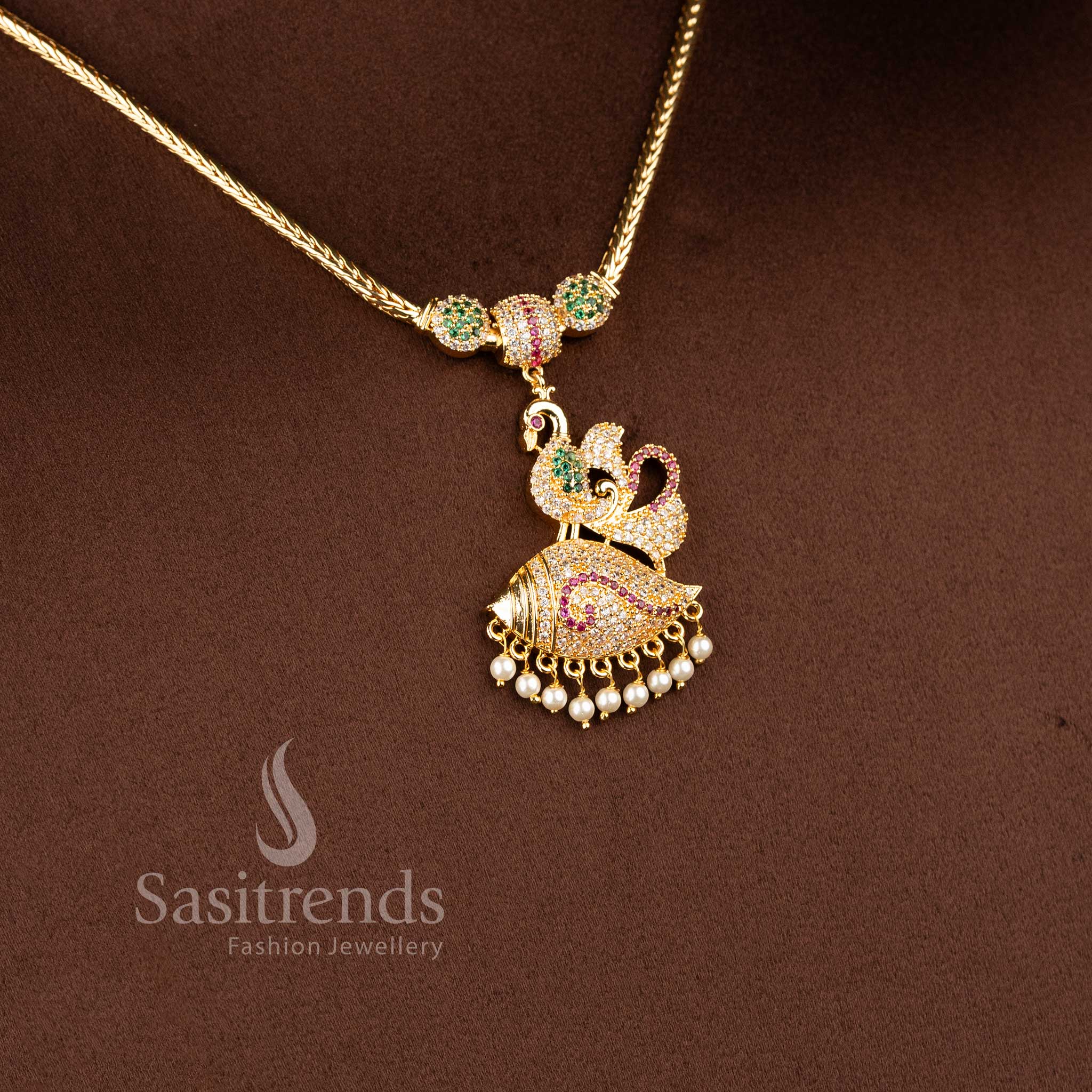 Sasitrends designer micro gold plated necklace showcasing peacock motif with layered dome design and pearl drops