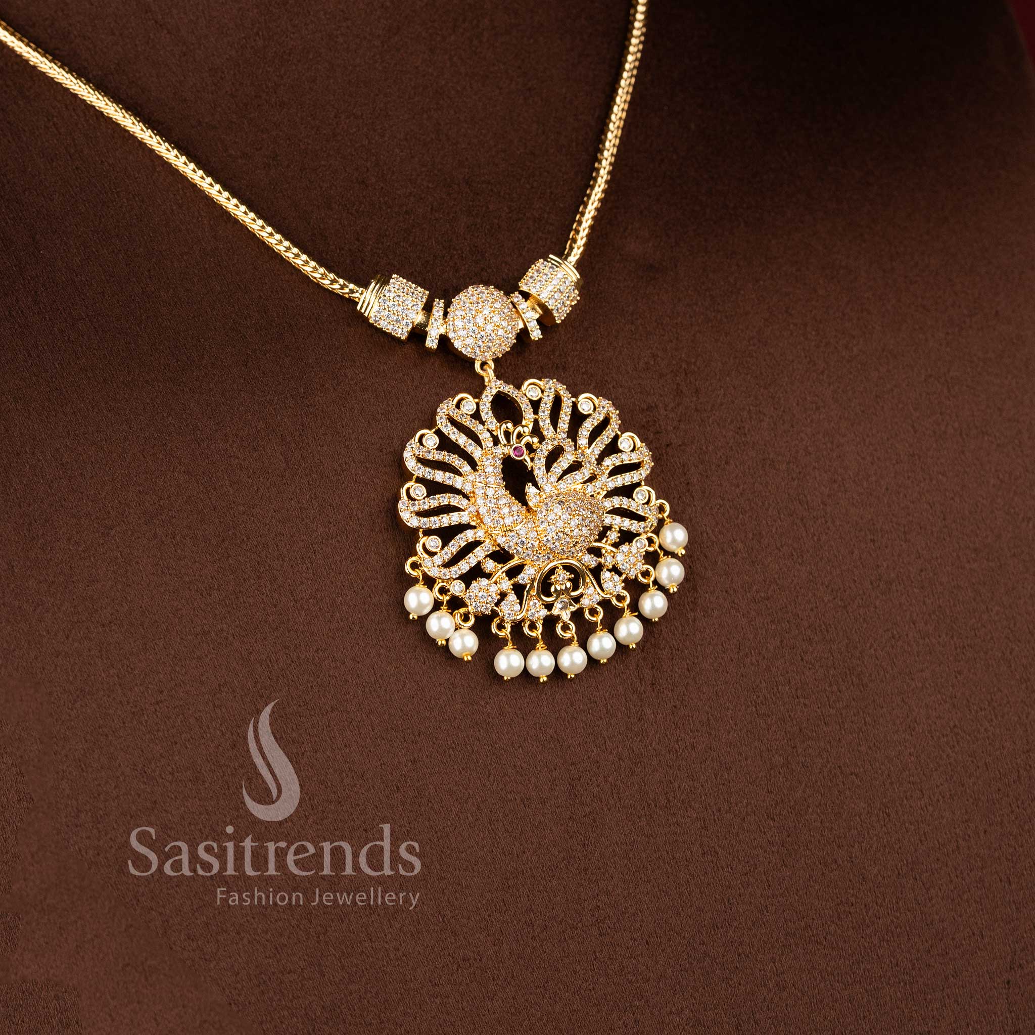 Sasitrends temple inspired pendant necklace with woven chain pattern and AD stone peacock centerpiece