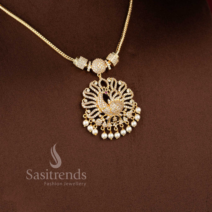 Sasitrends temple inspired pendant necklace with woven chain pattern and AD stone peacock centerpiece