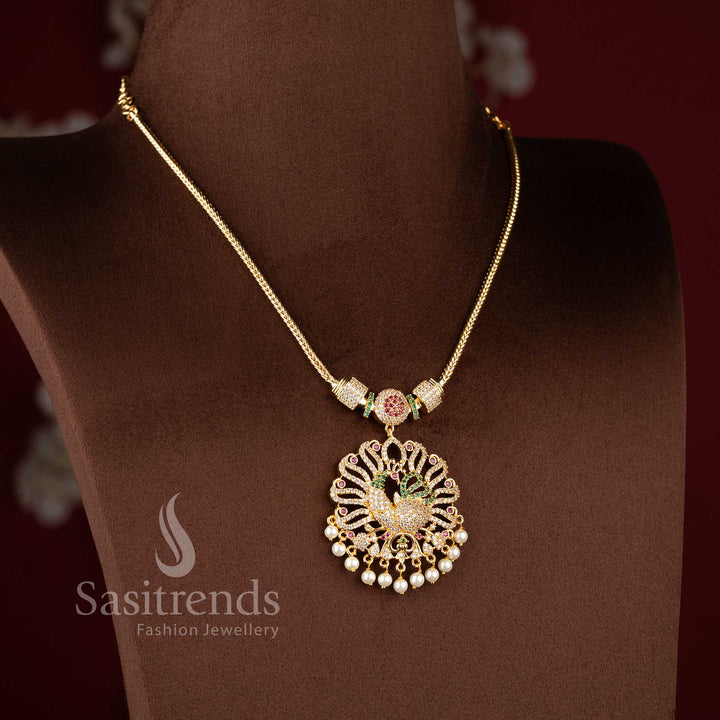 Sasitrends traditional peacock design necklace featuring dome-shaped pendant with detailed AD stone embellishments