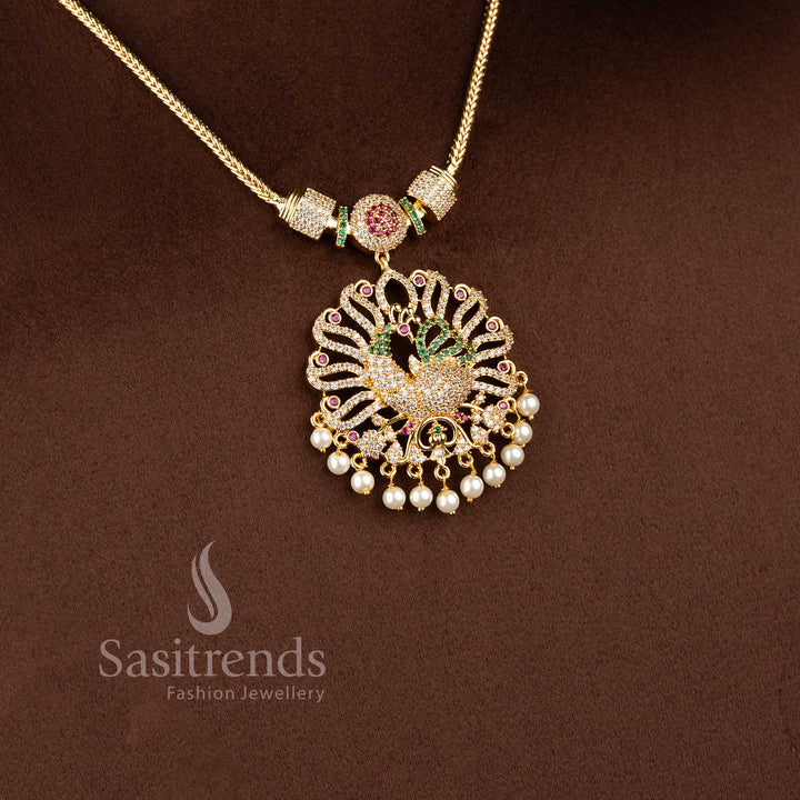 Sasitrends temple inspired pendant necklace with woven chain pattern and AD stone peacock centerpiece