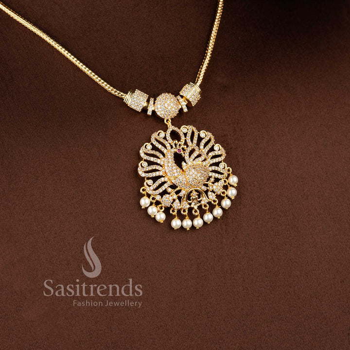 Sasitrends festive wear necklace crafted with elegant peacock structure and pearl hanging pendant design
