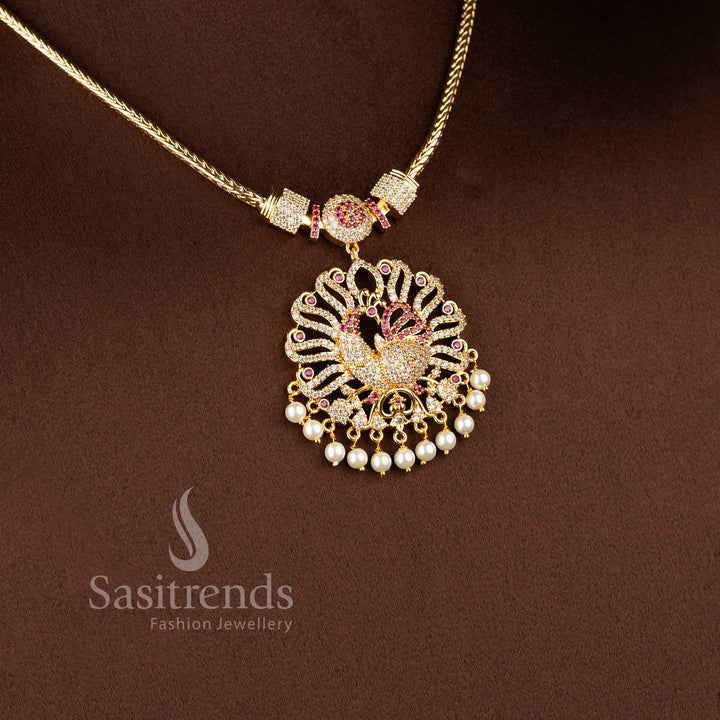 Sasitrends festive wear necklace crafted with elegant peacock structure and pearl hanging pendant design