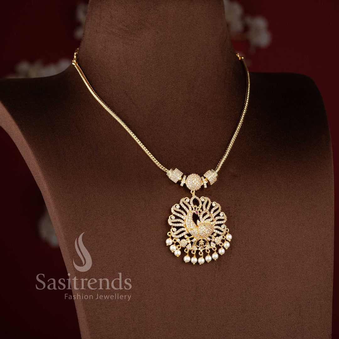 Sasitrends 24K one gram micro gold plated peacock filigree pendant necklace with AD stone detailing and pearl danglings