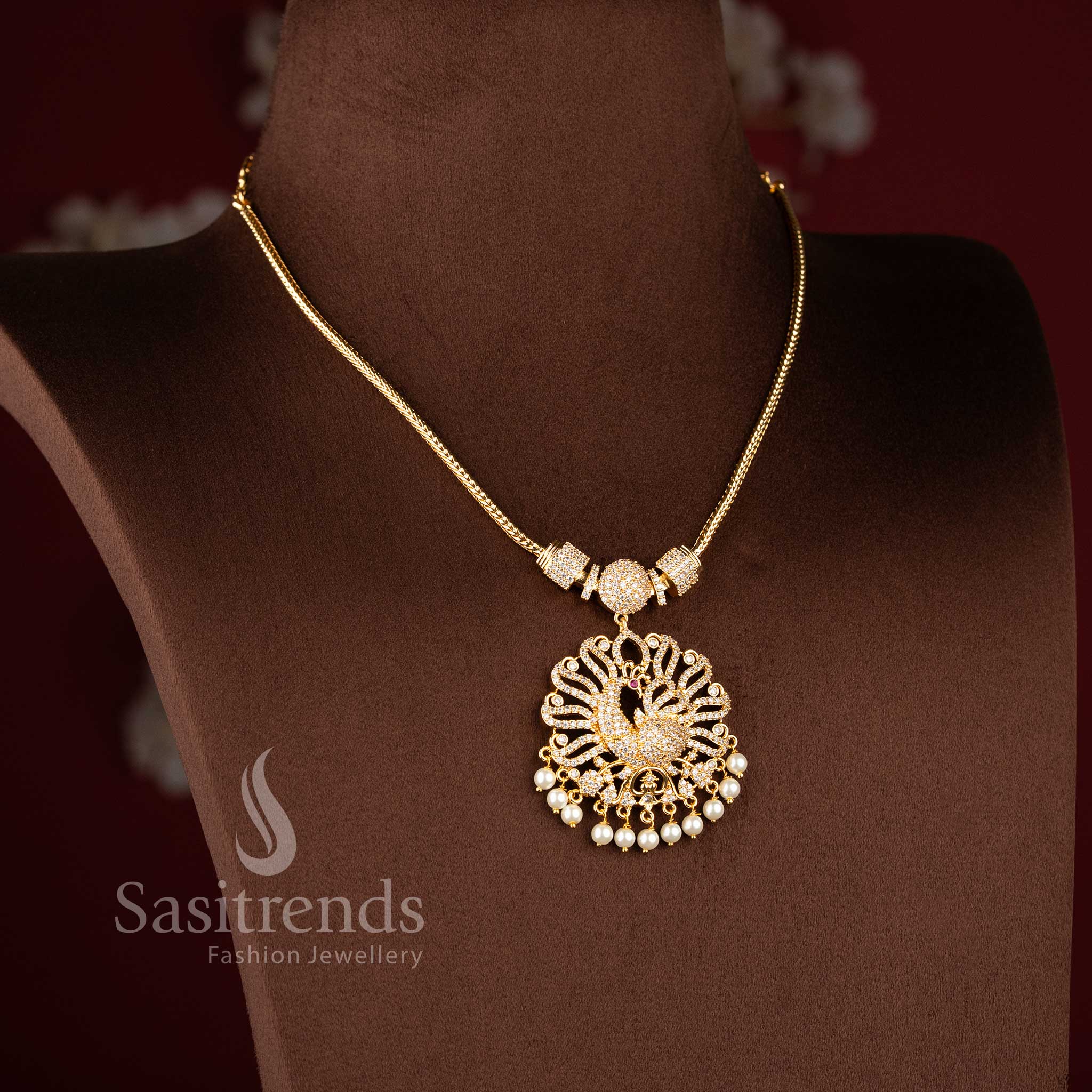 Sasitrends 24K one gram micro gold plated peacock filigree pendant necklace with AD stone detailing and pearl danglings
