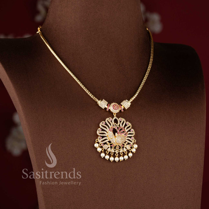 Sasitrends micro gold plated necklace showcasing ornate peacock filigree structure with detailed AD stone craftsmanship