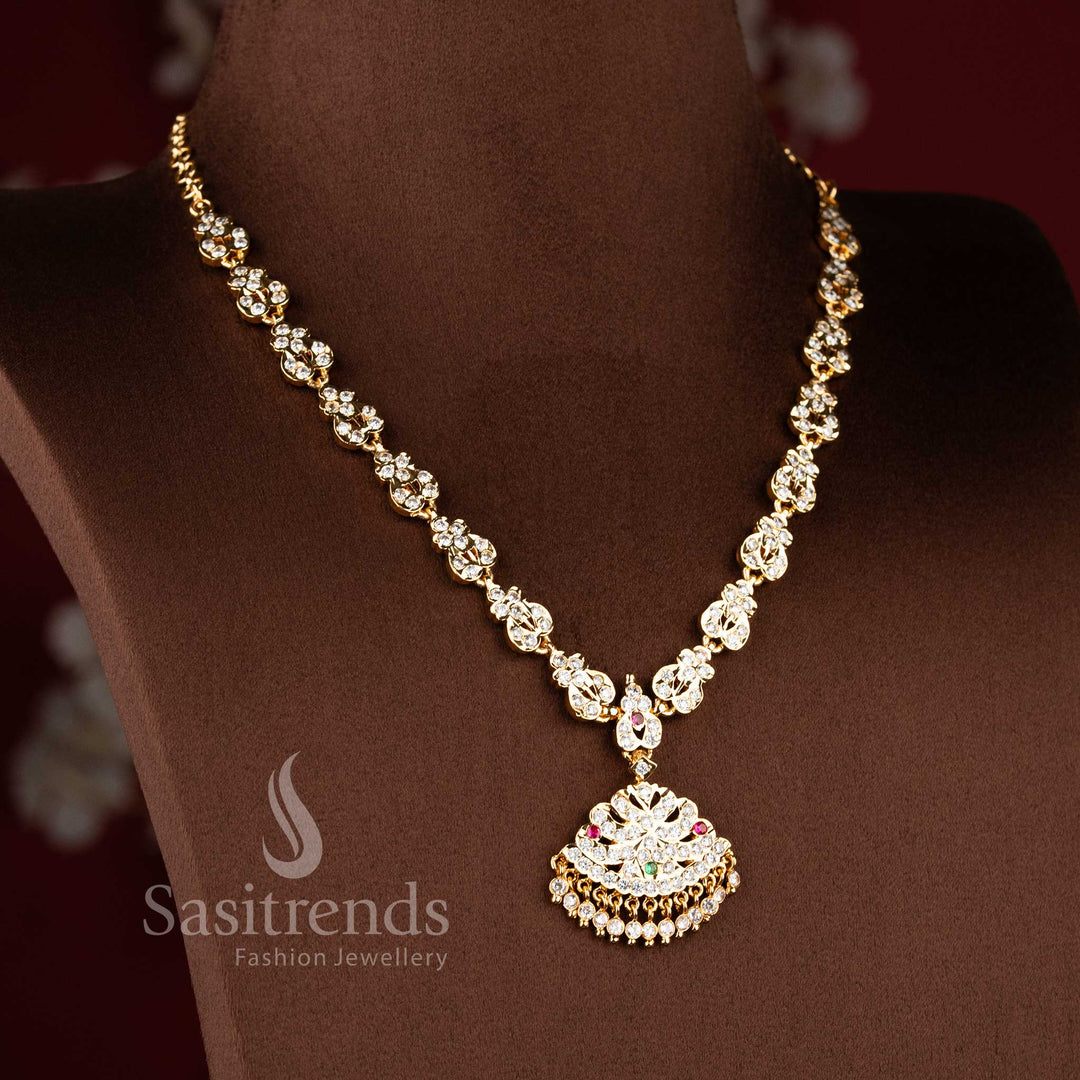 Designer traditional gati necklace showcasing intricate craftsmanship, sparkling AD stones, and elegant gold texture - Sasitrends.