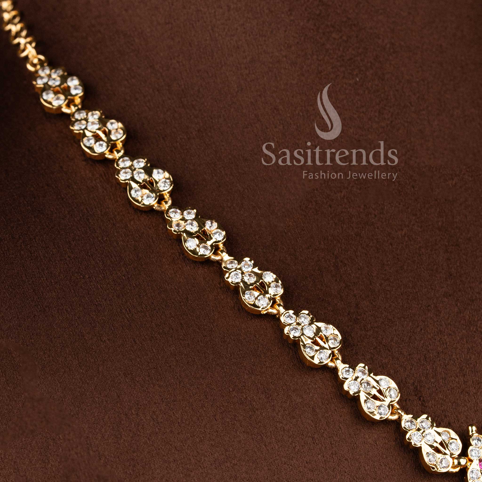 Stylish South Indian inspired AD stone short necklace with premium Impon gold plated finish - Sasitrends.