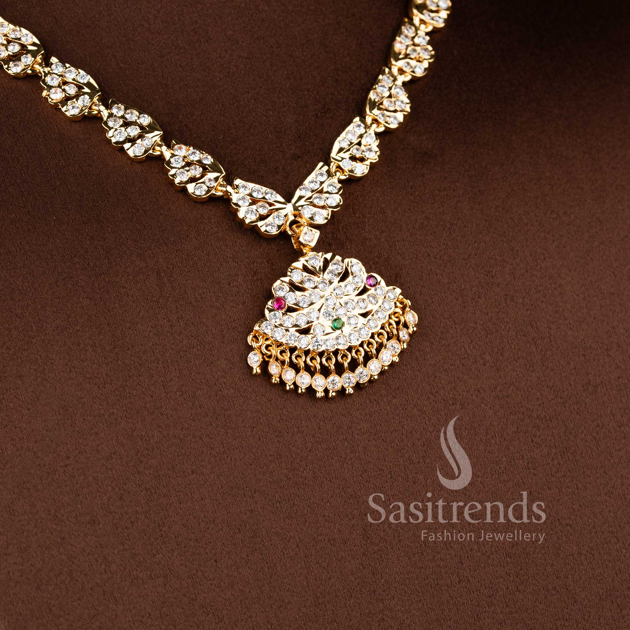 Stylish South Indian inspired AD stone short necklace with premium Impon gold plated finish - Sasitrends.