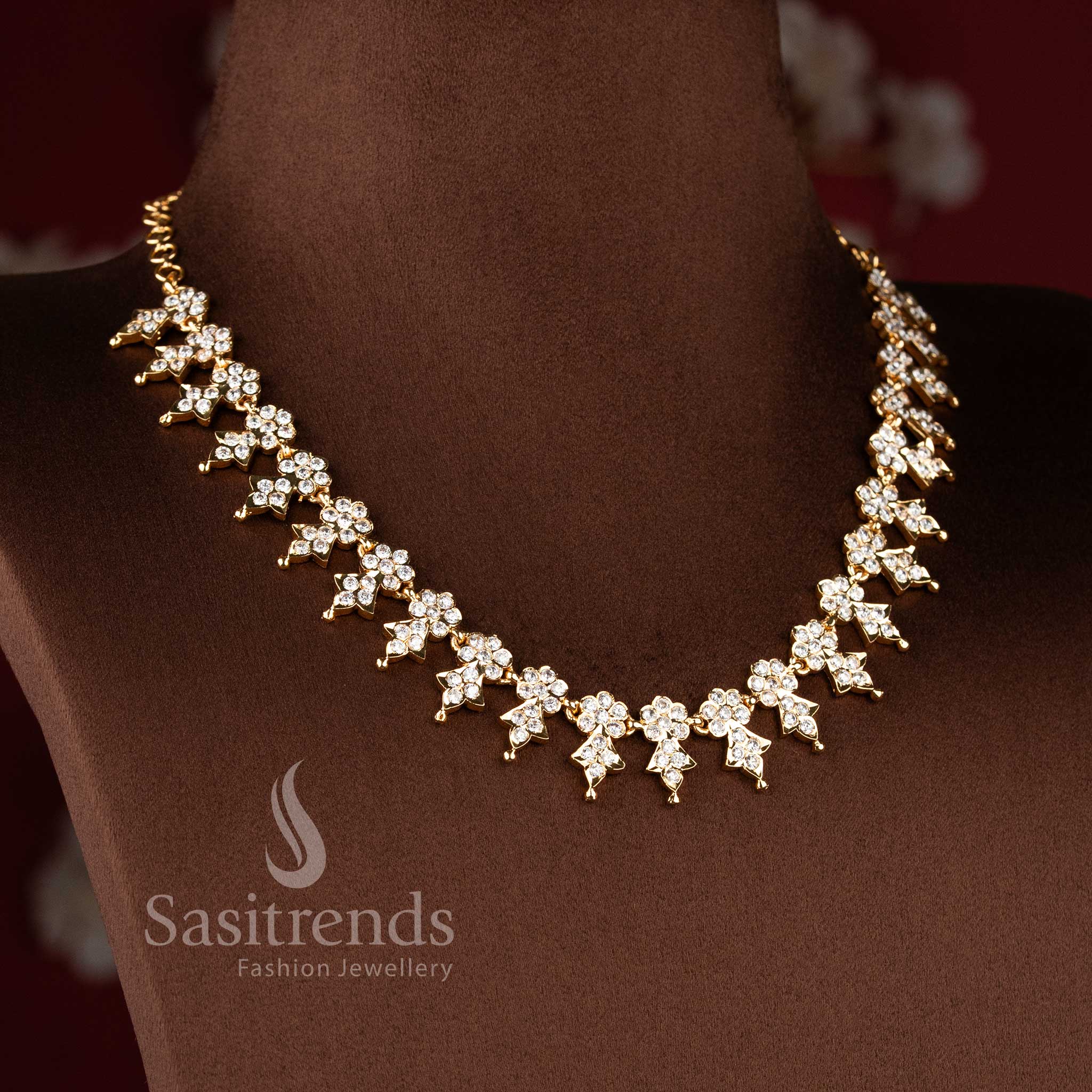 Grand micro gold plated American Diamond Impon Gati design short necklace by Sasitrends.