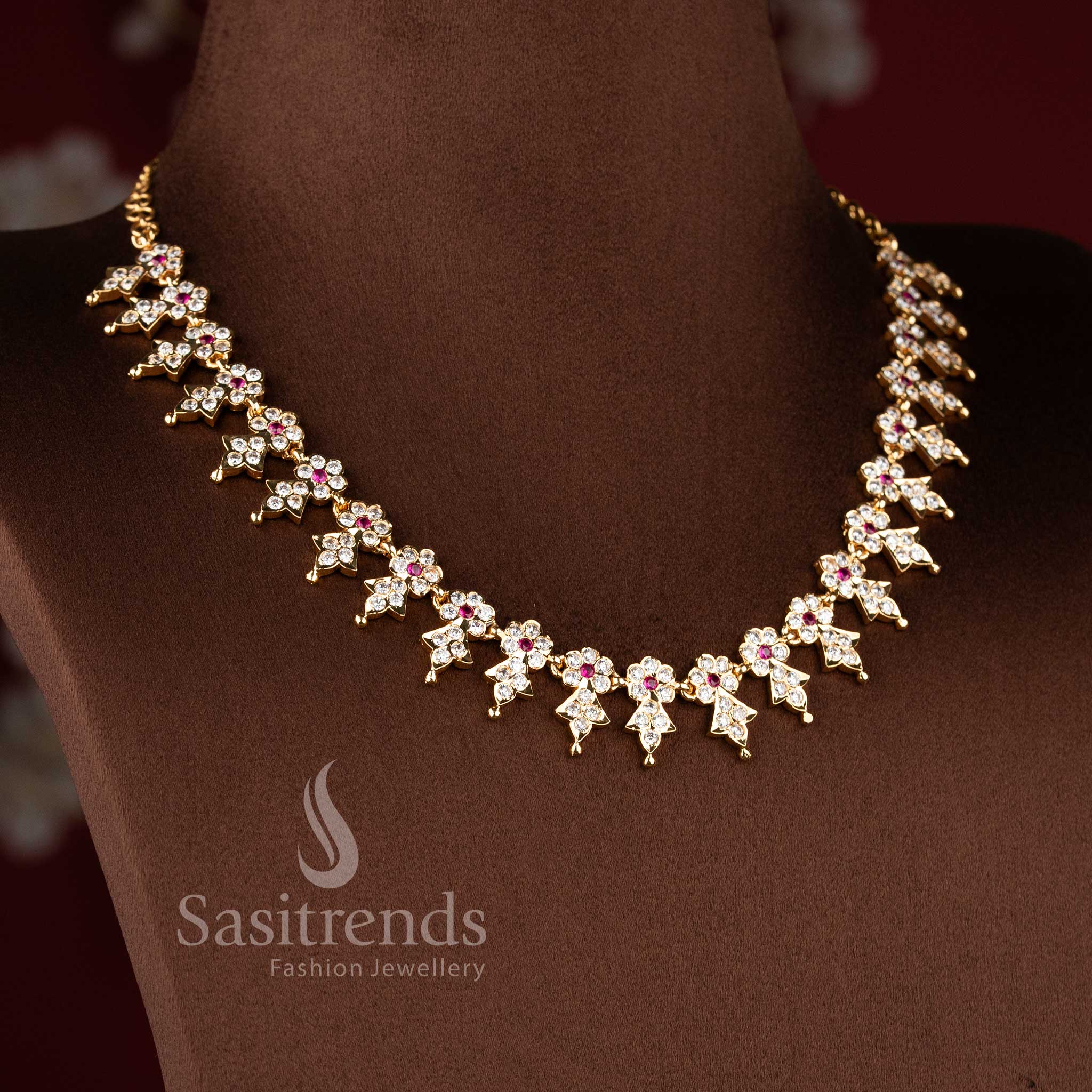 Grand micro gold plated American Diamond Impon Gati design short necklace by Sasitrends.