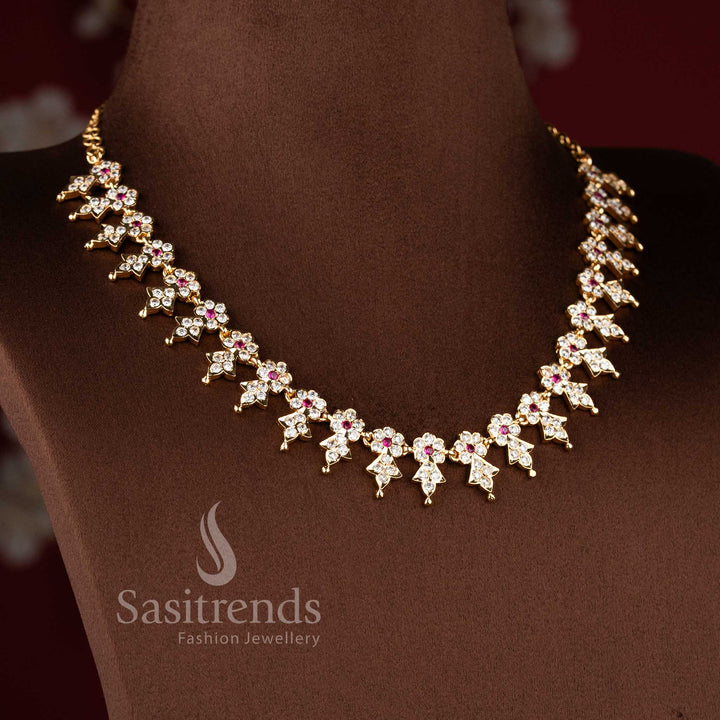 Grand micro gold plated American Diamond Impon Gati design short necklace by Sasitrends.
