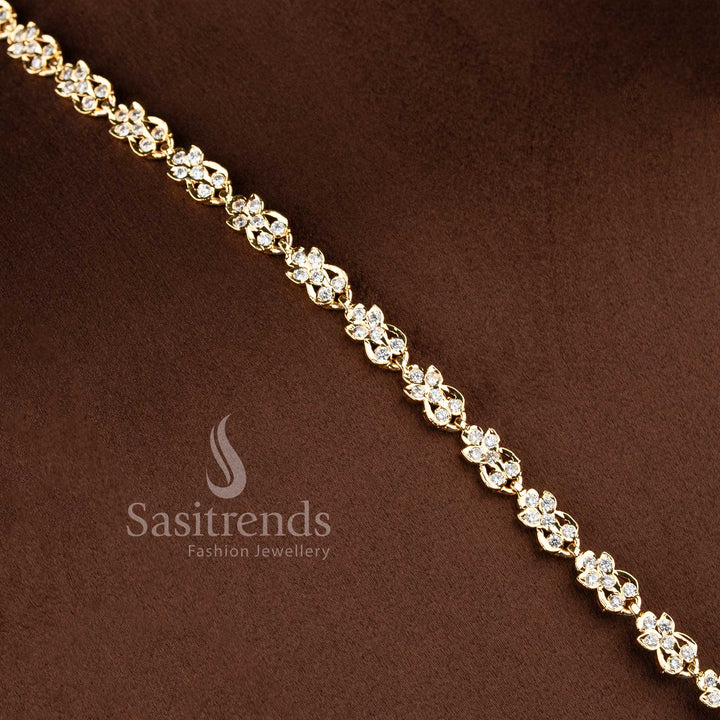 Stylish micro gold plated wedding jewellery Long haram with brilliant white American Diamond clusters.
