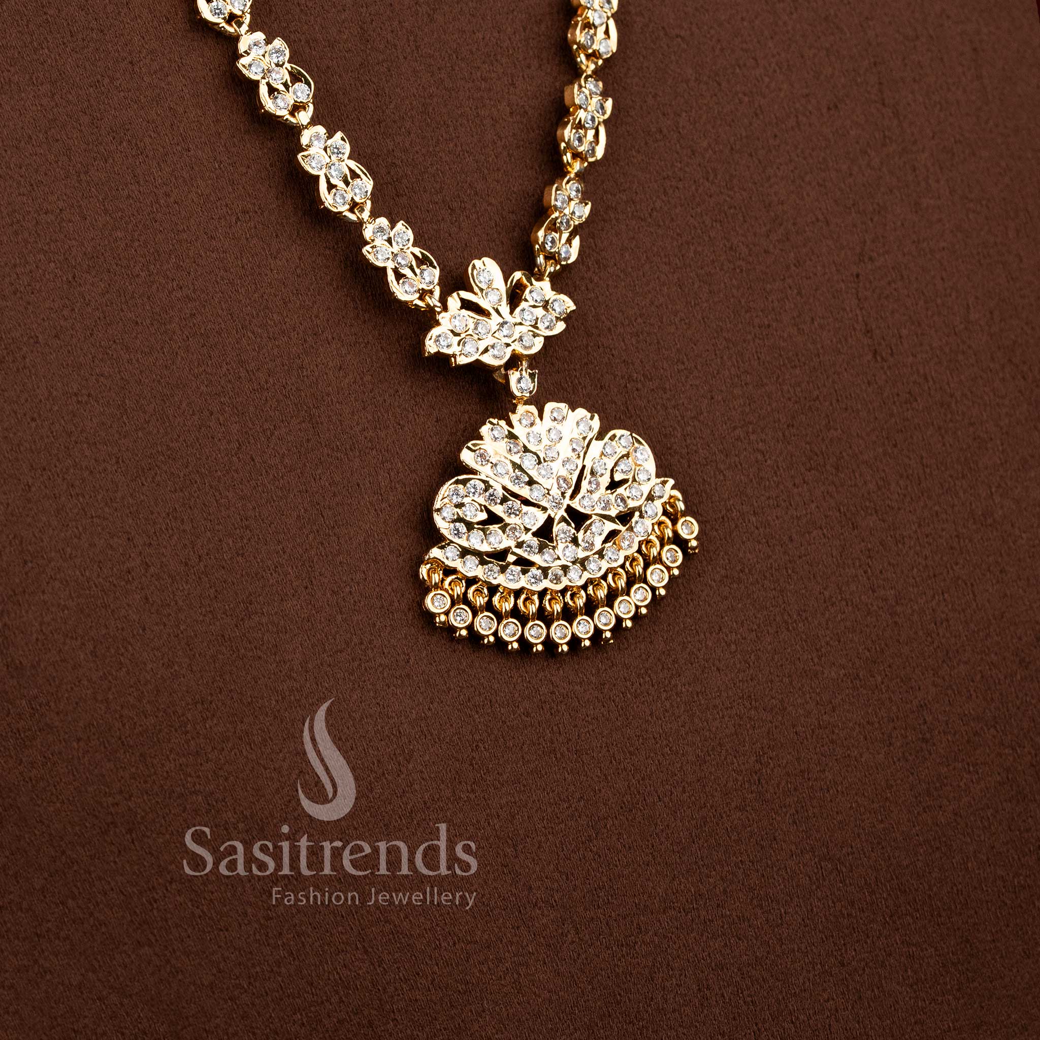 Stylish micro gold plated wedding jewellery Long haram with brilliant white American Diamond clusters.