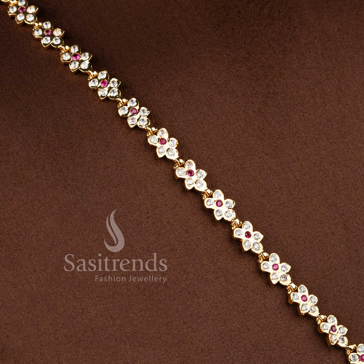 Elegant bridal-style AD stone long haram chain ensemble with a floral semicircular pendant.