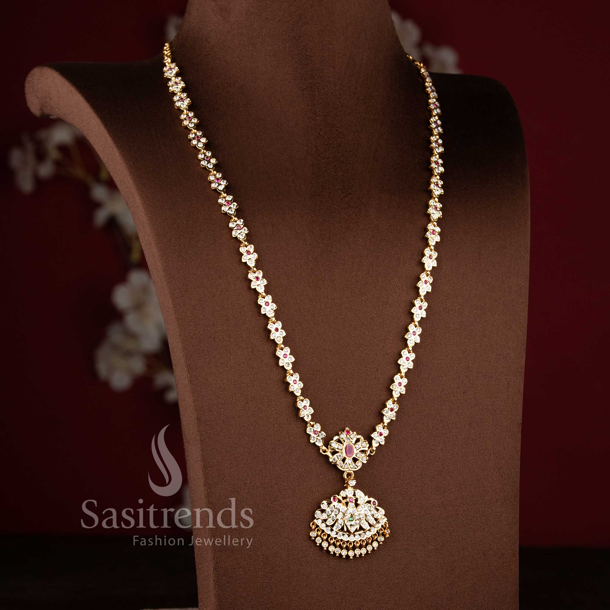 Stylish micro gold plated wedding jewellery haram with brilliant white American Diamond clusters.