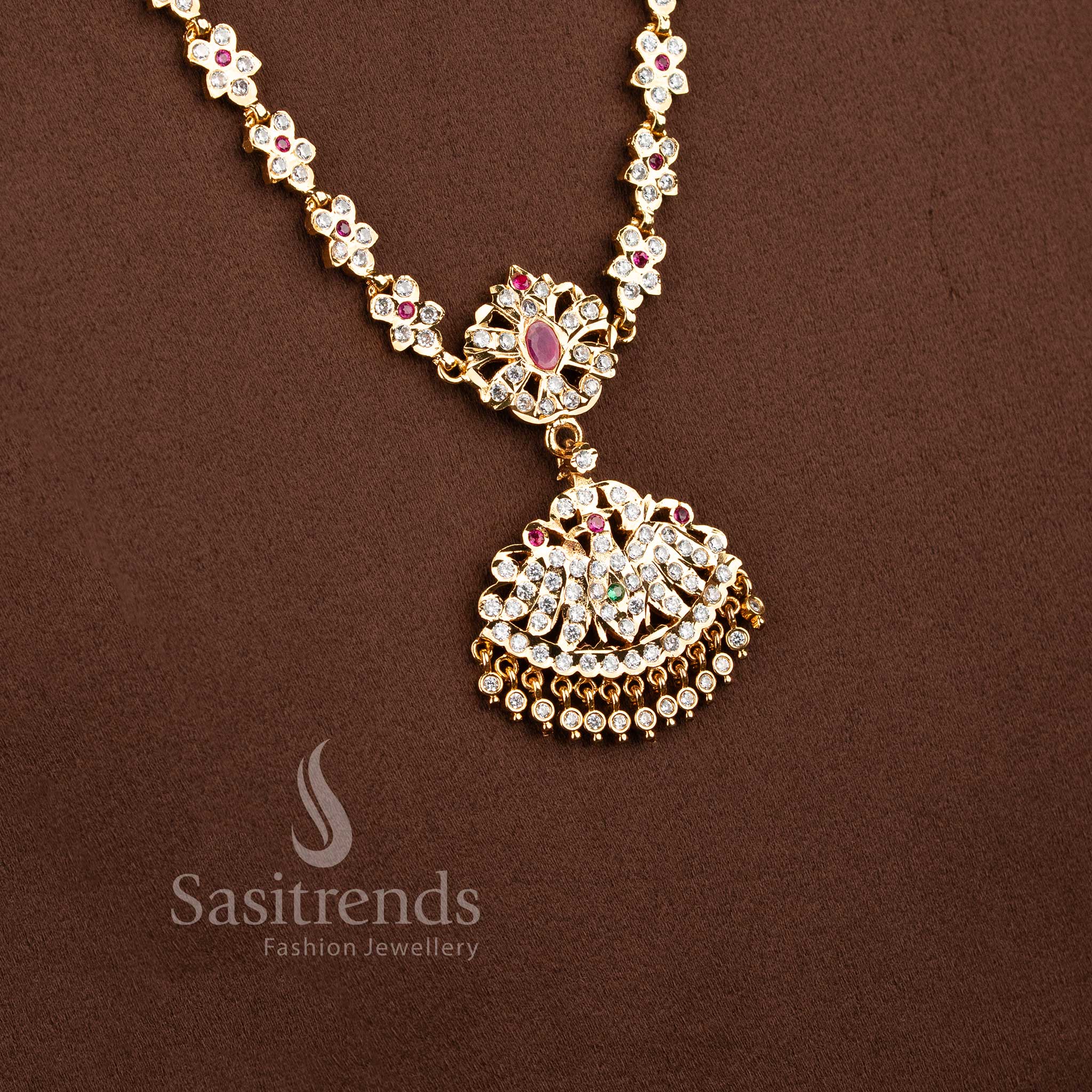 Elegant bridal-style AD stone long haram chain ensemble with a floral semicircular pendant.