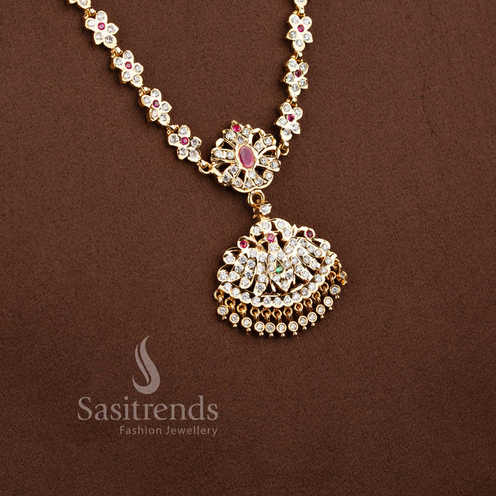 Elegant bridal-style AD stone long haram chain ensemble with a floral semicircular pendant.