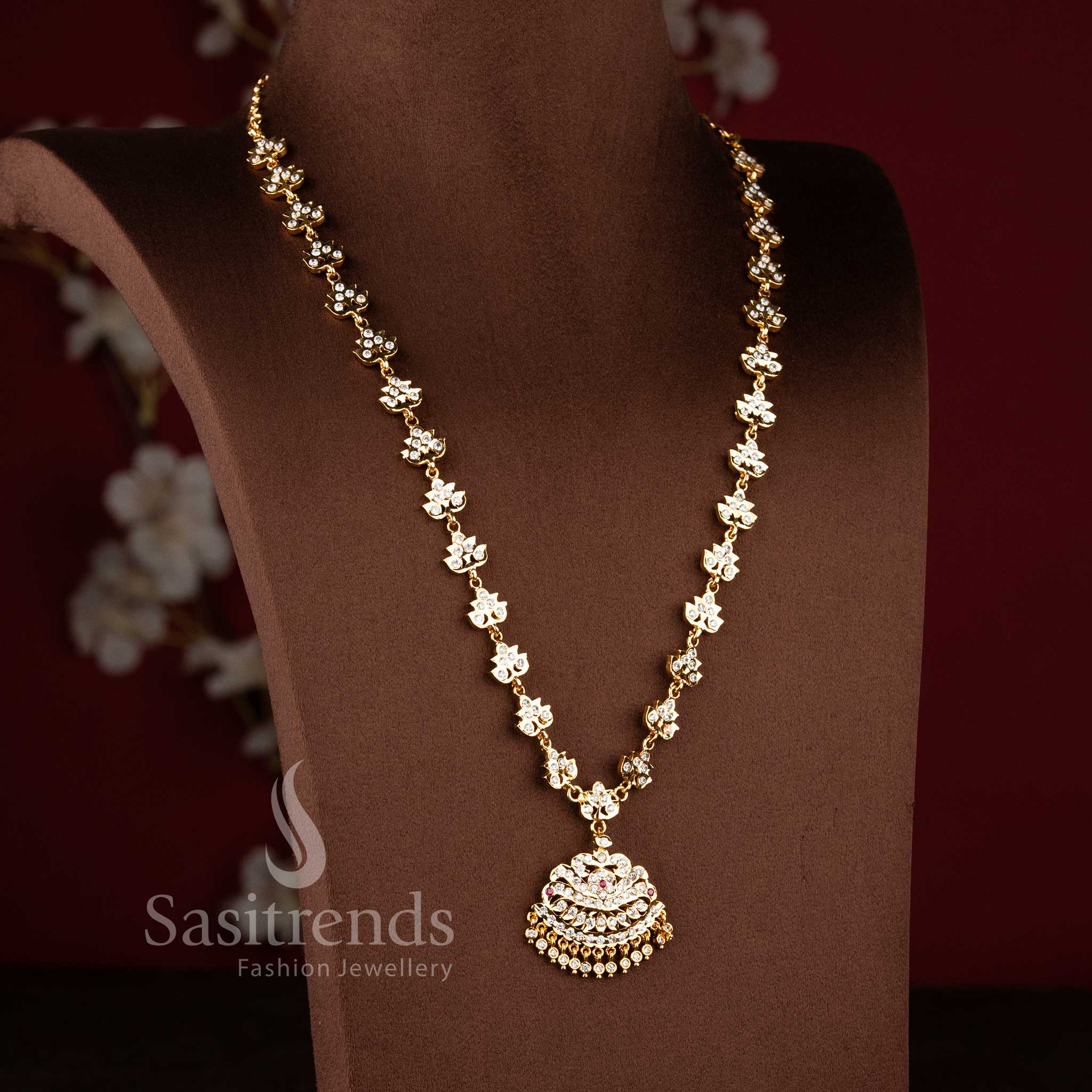 Grand micro gold plated American Diamond Impon Gati long haram necklace by Sasitrends.