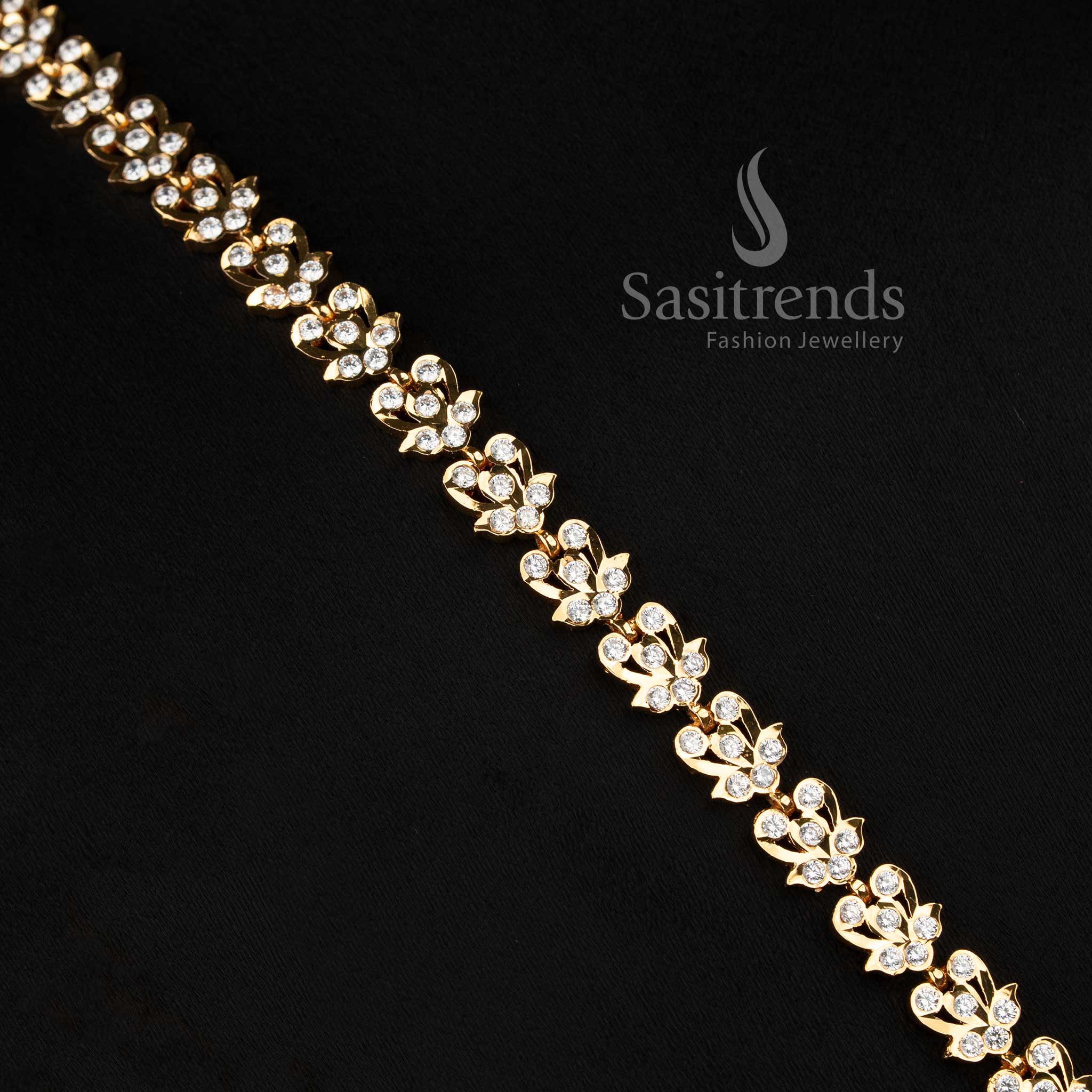 Premium 24k look gold plated long necklace with stone jhumka drop for grand silk sarees.
