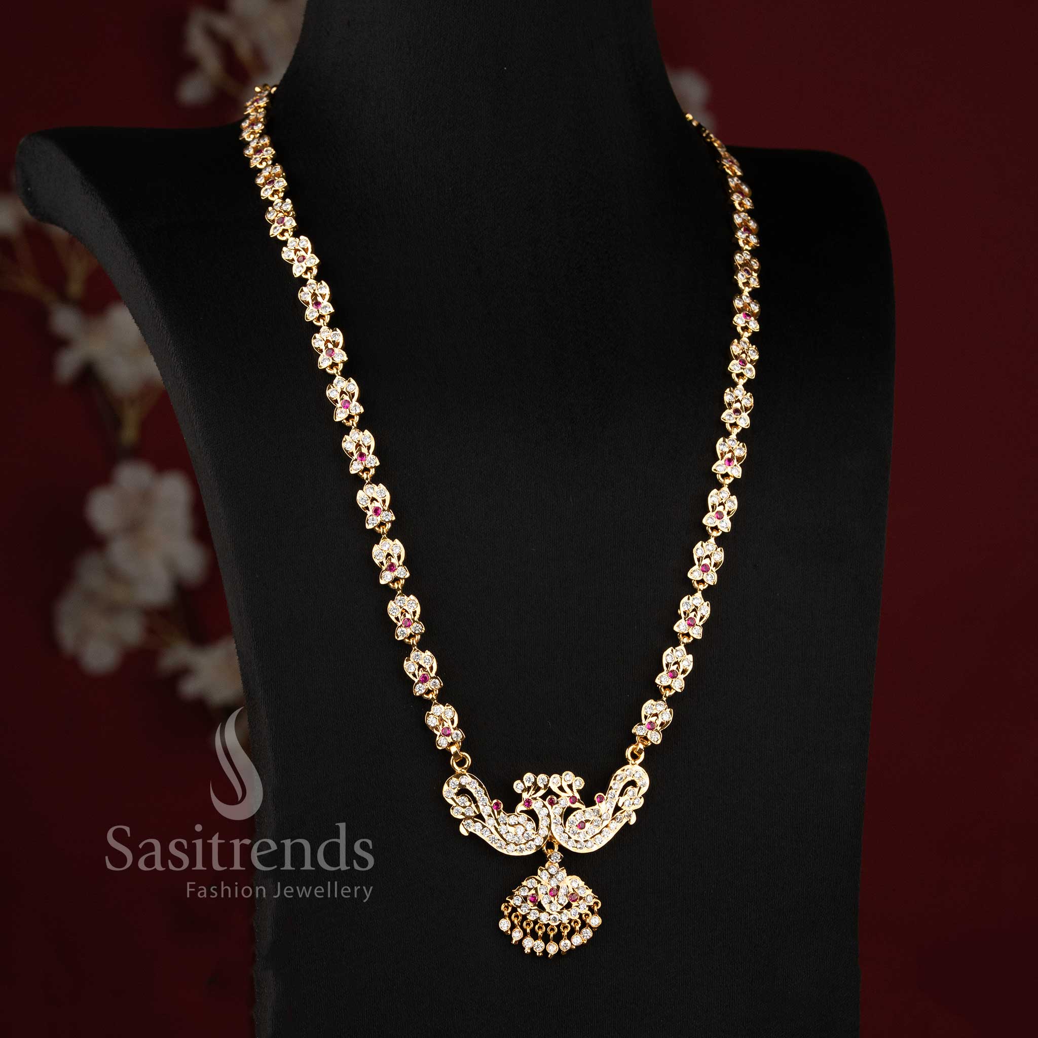 Premium 24k look gold plated long necklace with stone jhumka drop for grand silk sarees.
