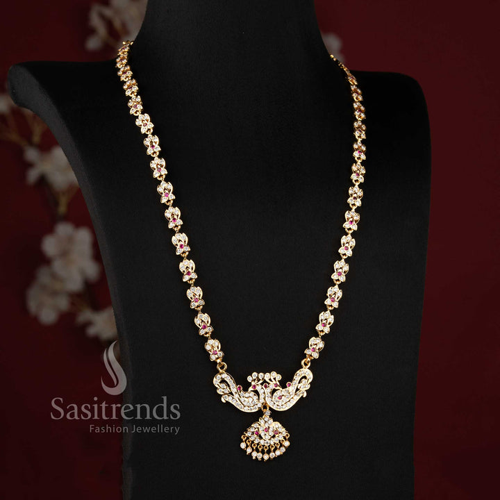 Premium 24k look gold plated long necklace with stone jhumka drop for grand silk sarees.