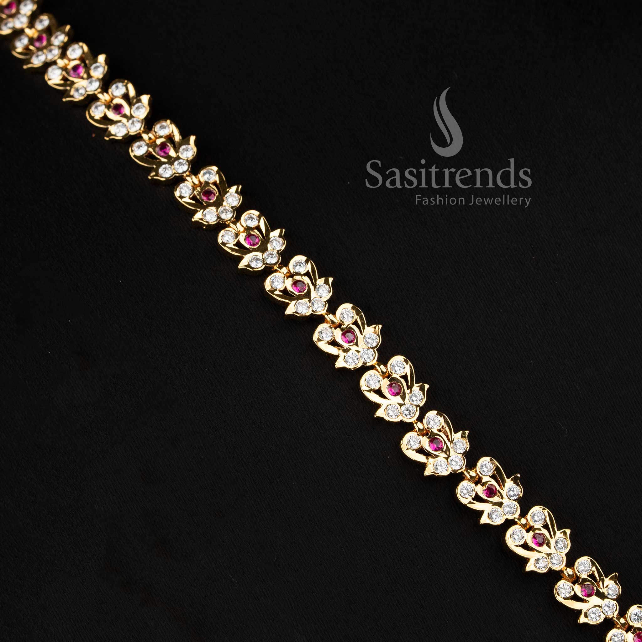 Elegant bridal-style AD stone long haram chain ensemble with a dual peacock pendant.